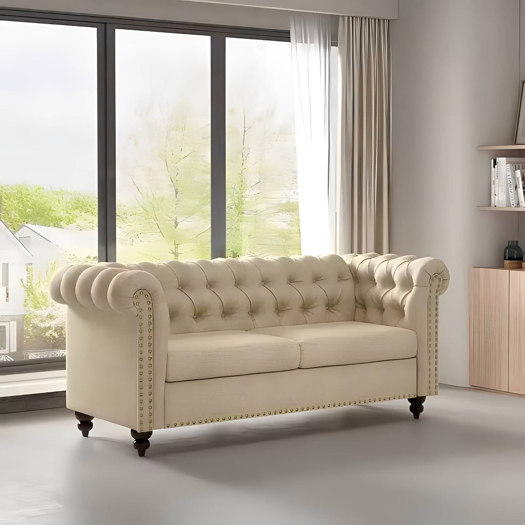 Valmere Kensington Button-Back Sofa – 2 Seater Chesterfield in Linen Fabric