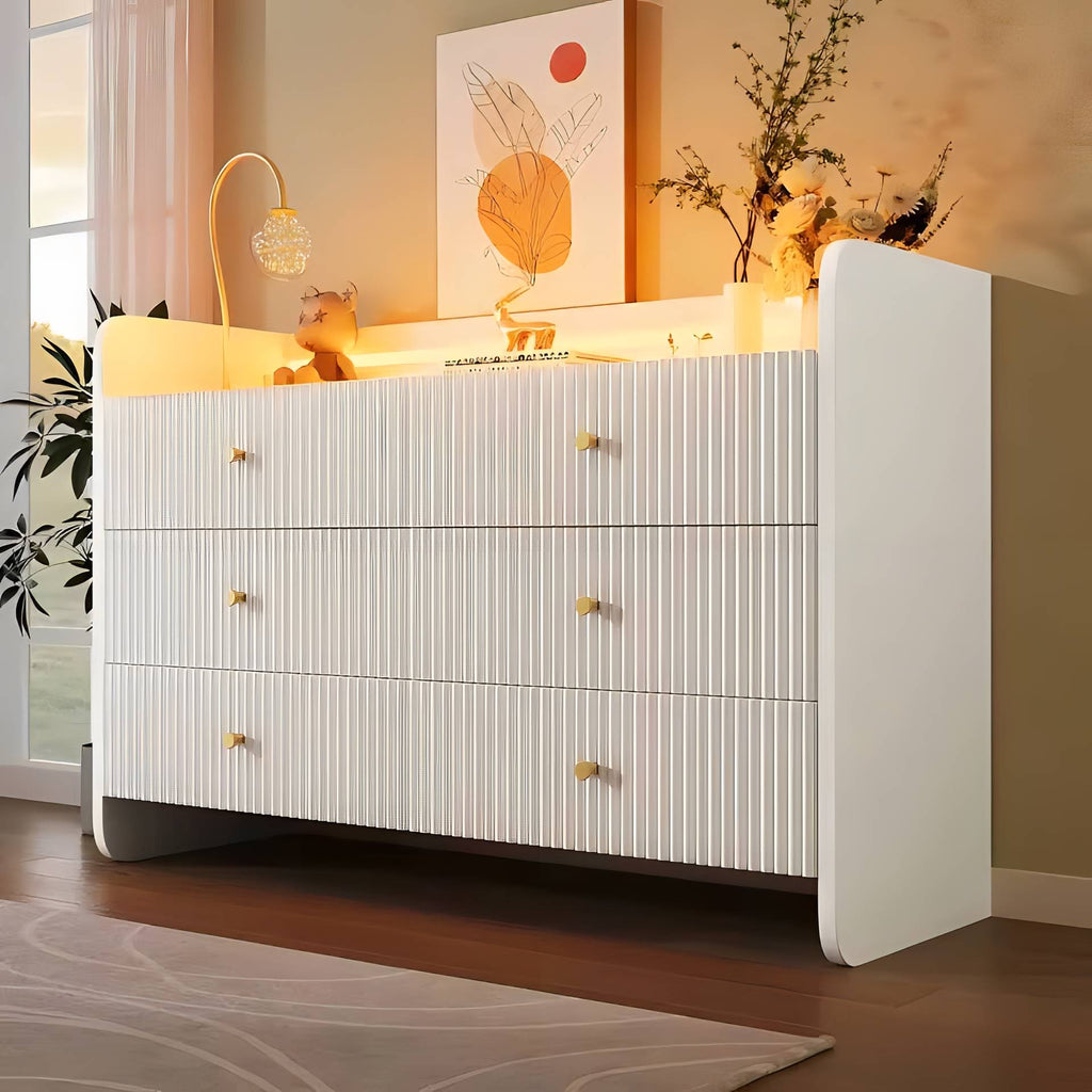 Valmere Luma Fluted Sideboard – 6 Drawer Storage Console with Ambient LED Lighting