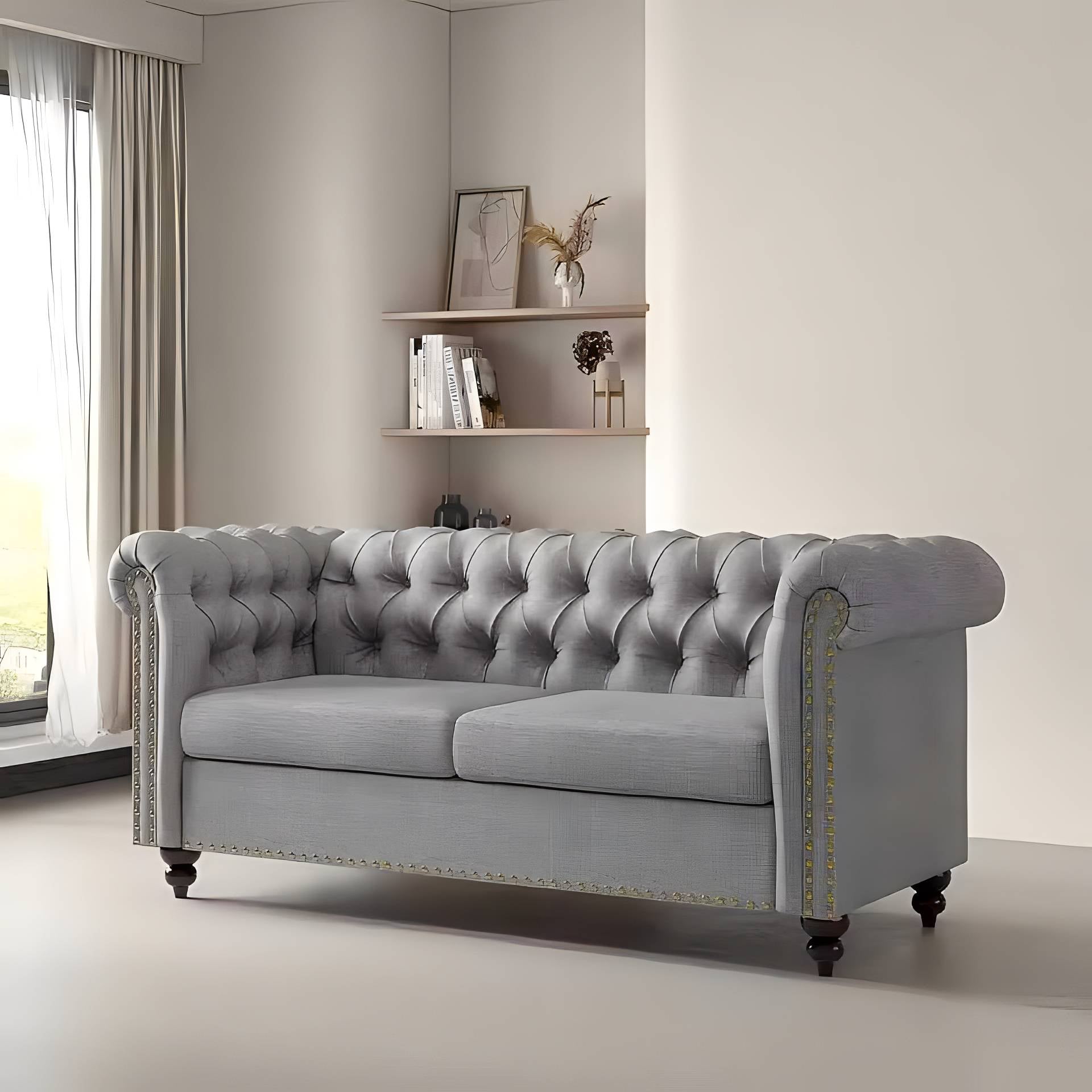 Valmere Kensington Button-Back Sofa – 2 Seater Chesterfield in Linen Fabric